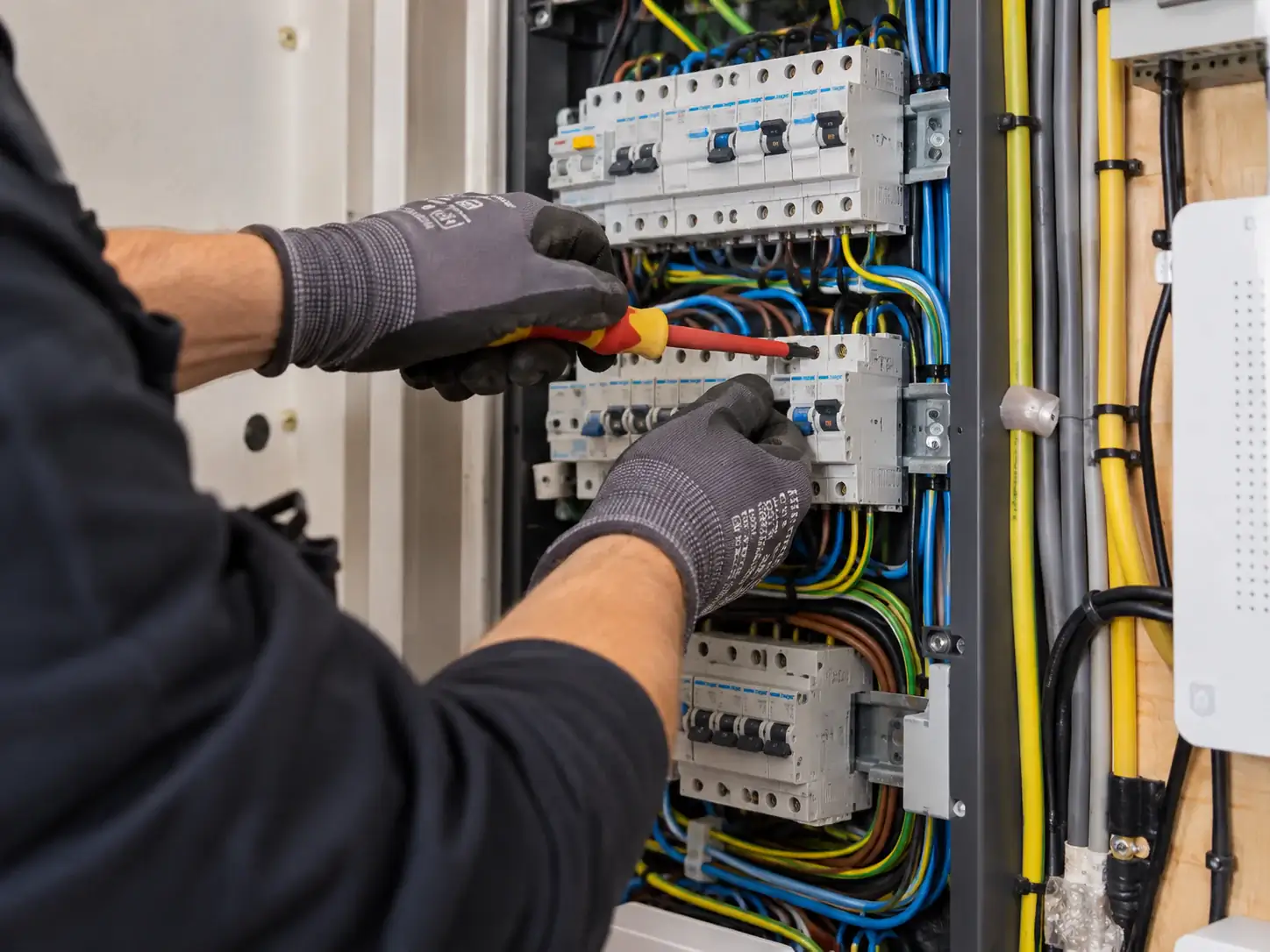 Elektricien werkt aan groepenkast en elektrische bekabeling
